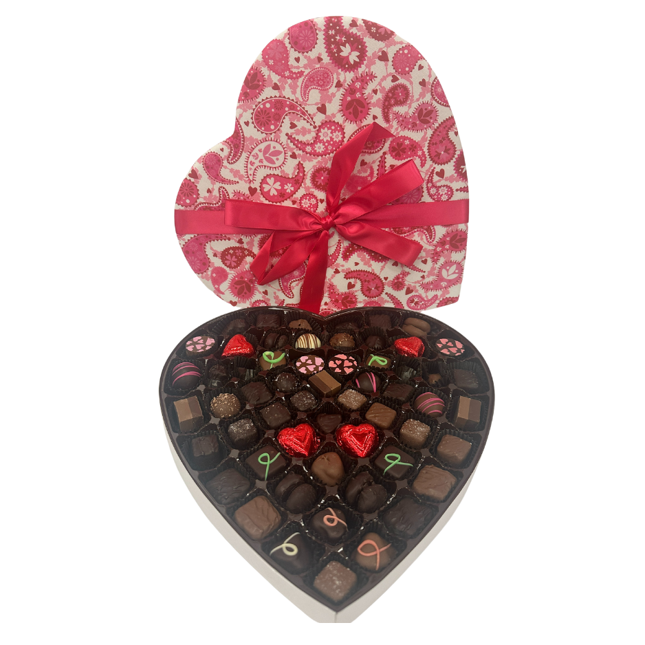 #48 Milk & Dark Valentine's Day Assortment in Pink Paisley Heart Shaped Box