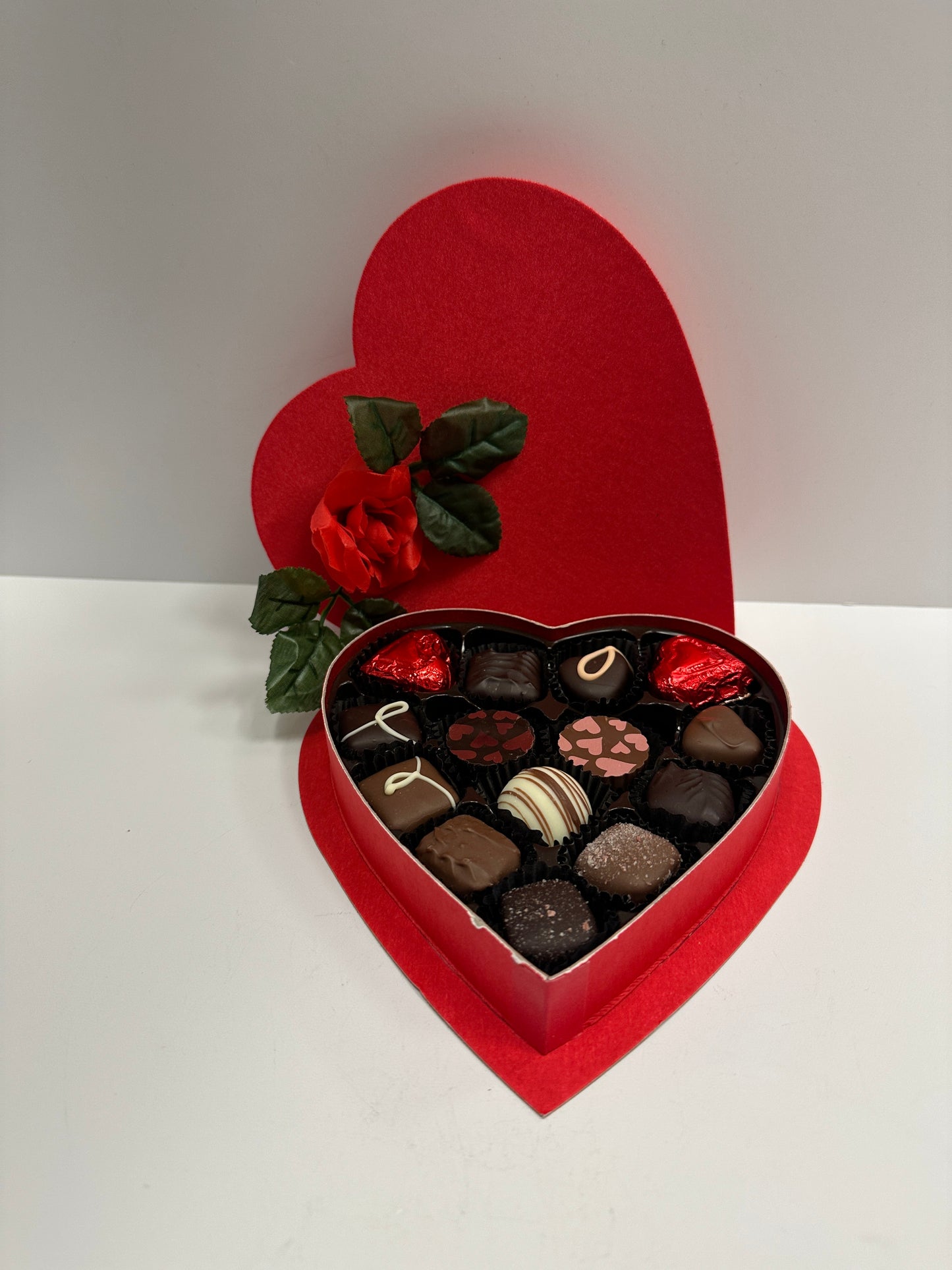 #18 Milk and Dark Chocolate Valentine's Day Assortment in a Heart Shaped Box with Rose