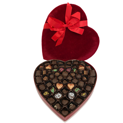 #43D Dark Chocolate Valentine's Day Assortment in Red Plush Heart Shaped Box