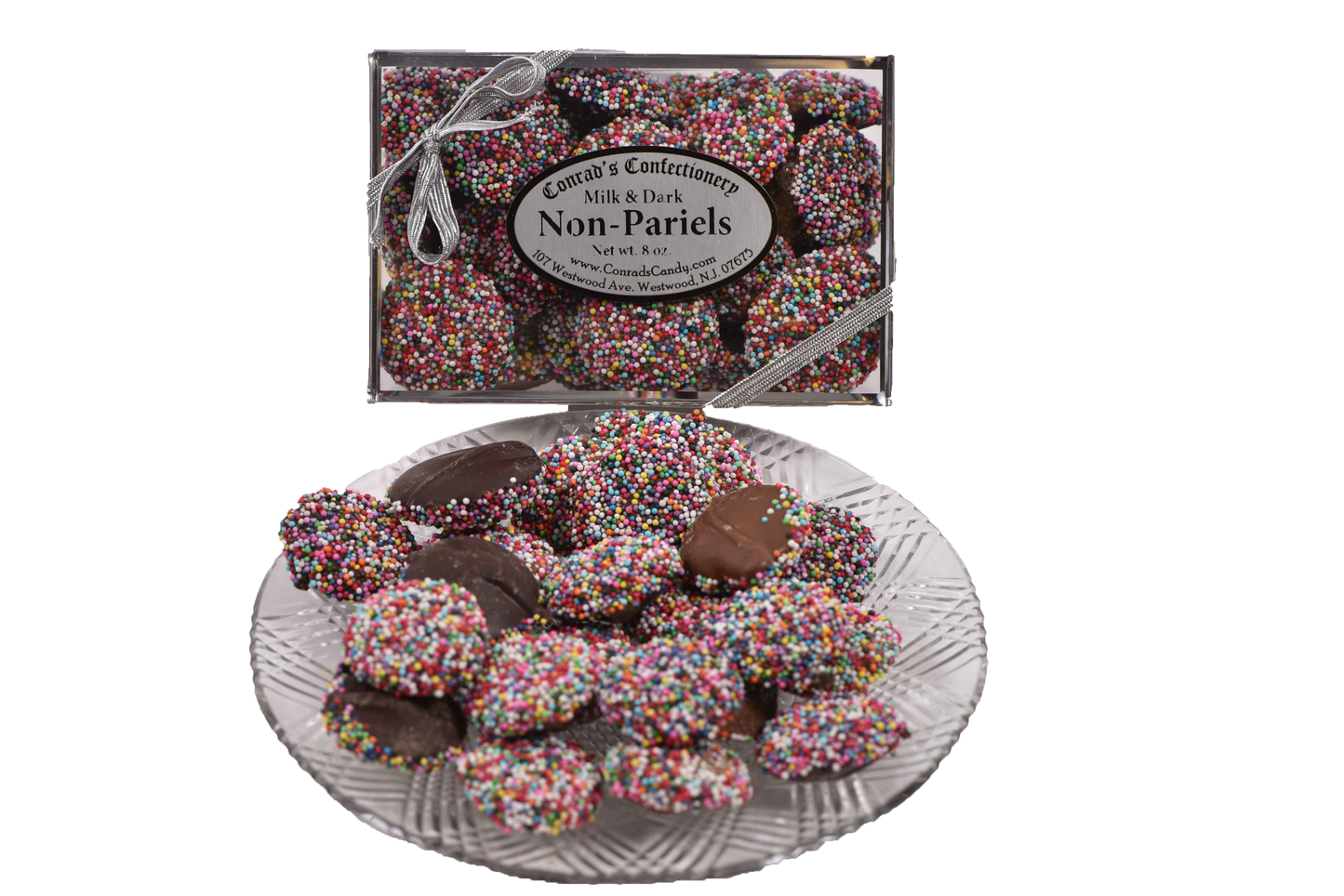 Milk & Dark Chocolate Non-Pareils Decorative Silver Box- 8 oz