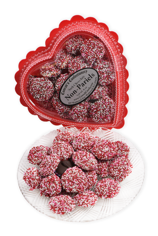 Valentine's Day Dark Chocolate Non-Pareils in Clear Plastic Heart Shaped Box (6oz) - Conrad's Confectionery