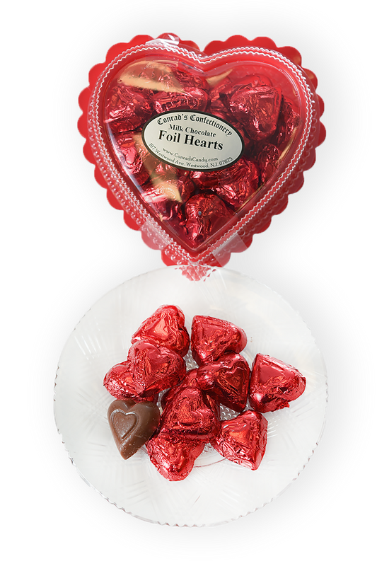 Valentine's Day Milk Chocolate Foil Wrapped Hearts in Clear Plastic Heart Shaped Box (6oz) - Conrad's Confectionery