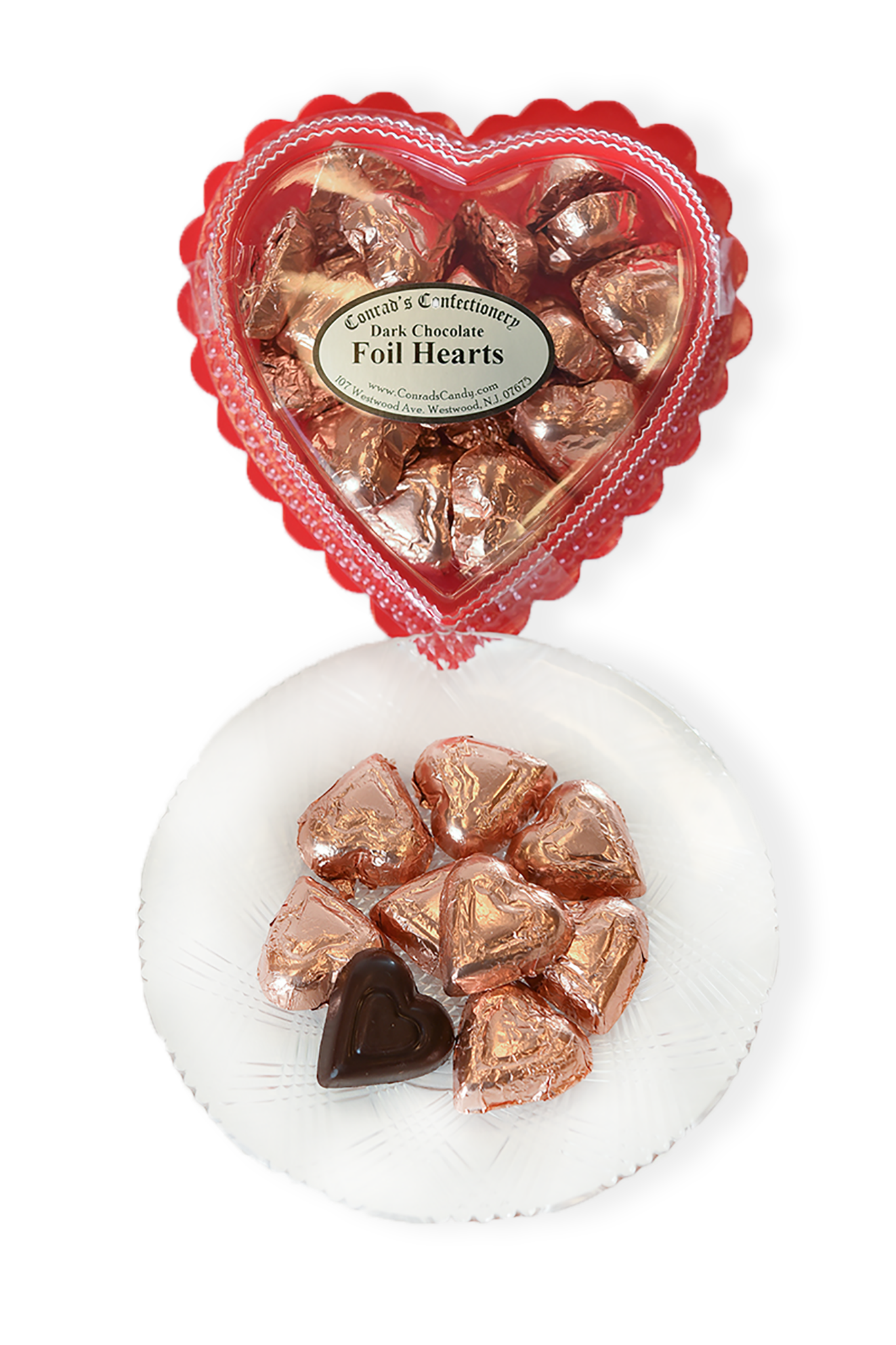 Valentine's Day Dark Chocolate Foil Wrapped Hearts in Clear Plastic Heart Shaped Box (6oz) - Conrad's Confectionery