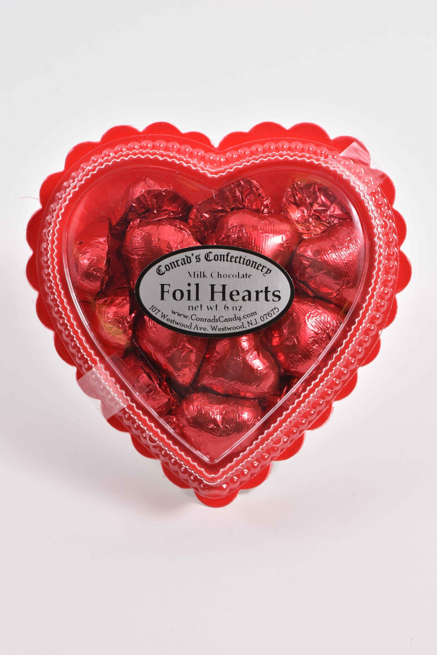 Valentine's Day Milk Chocolate Foil Wrapped Hearts in Clear Plastic Heart Shaped Box (6oz) - Conrad's Confectionery