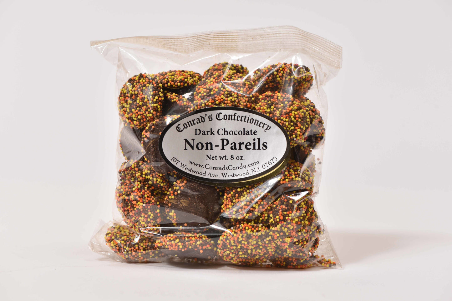 Dark Chocolate Fall Non-Pareils (8 oz) - Conrad's Confectionery