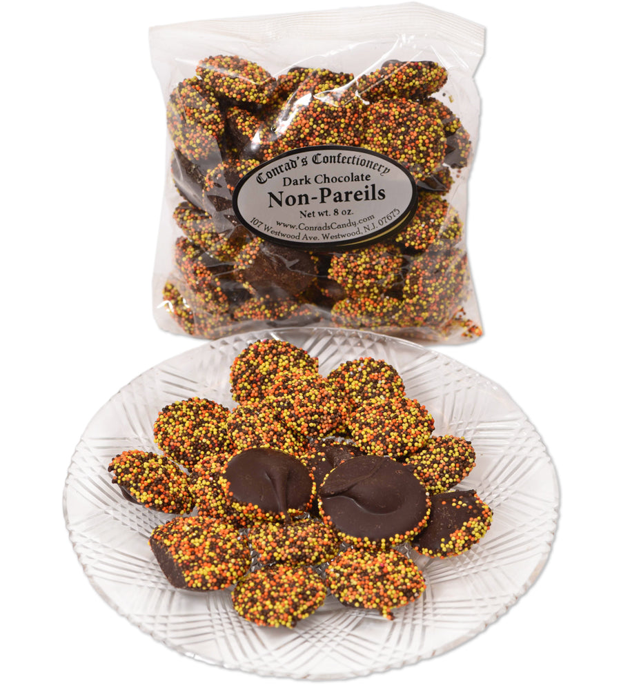 Dark Chocolate Fall Non-Pareils (8 oz) - Conrad's Confectionery