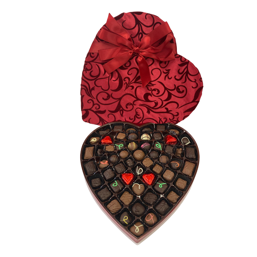 #47 Milk & Dark Valentine's Day Assortment in Red Plush Ivy Heart Shaped Box