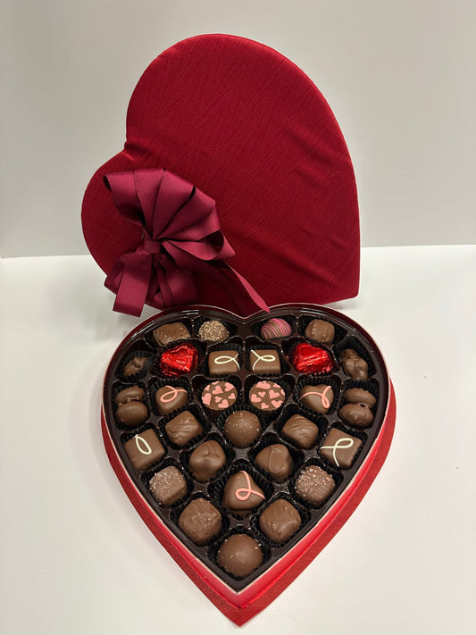 #25M Milk Chocolate Valentine's Day Assortment in Red Plush Heart Shaped Box