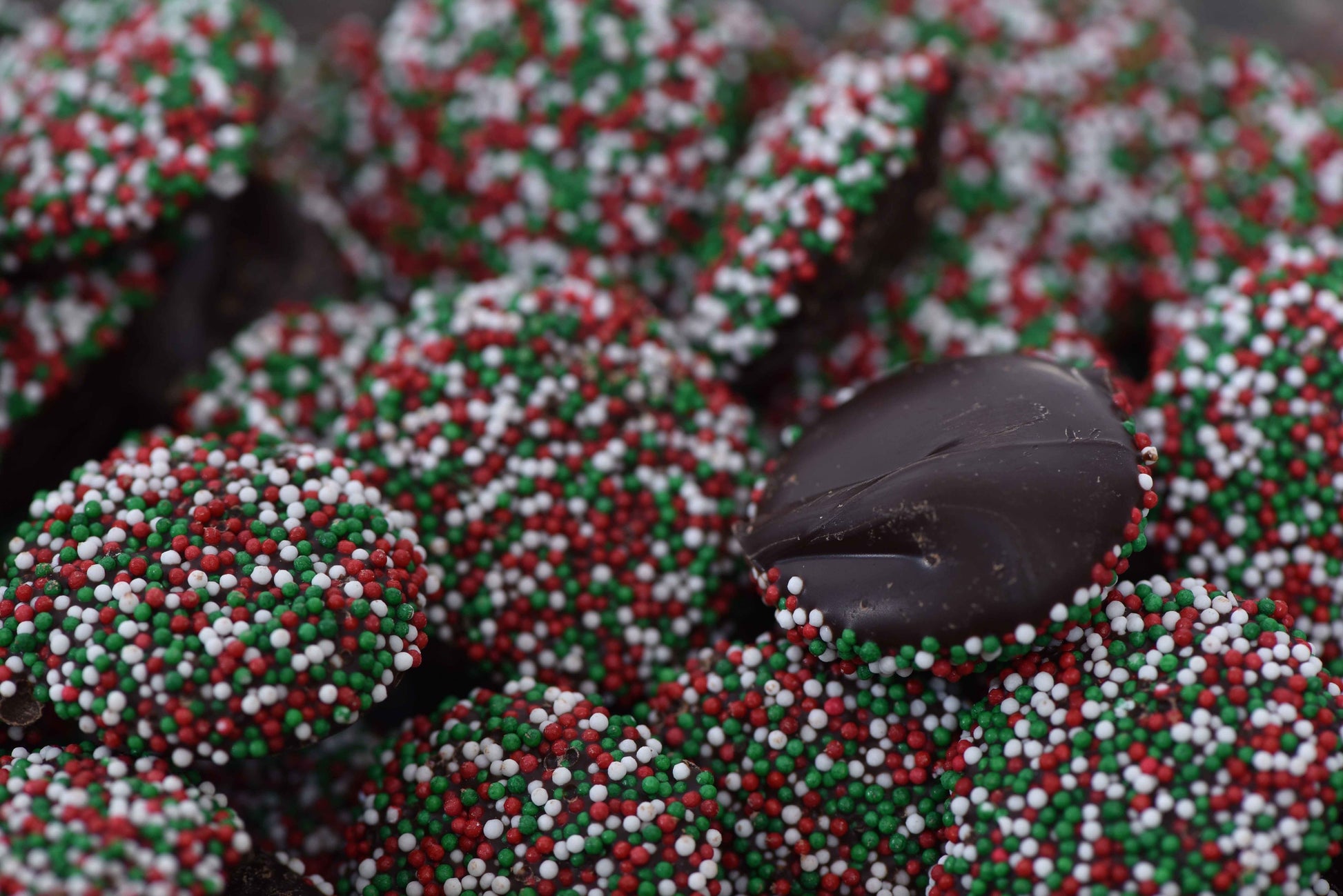 Loose Dark Chocolate Christmas Non Pareils (Half Pound Box) - Conrad's Confectionery