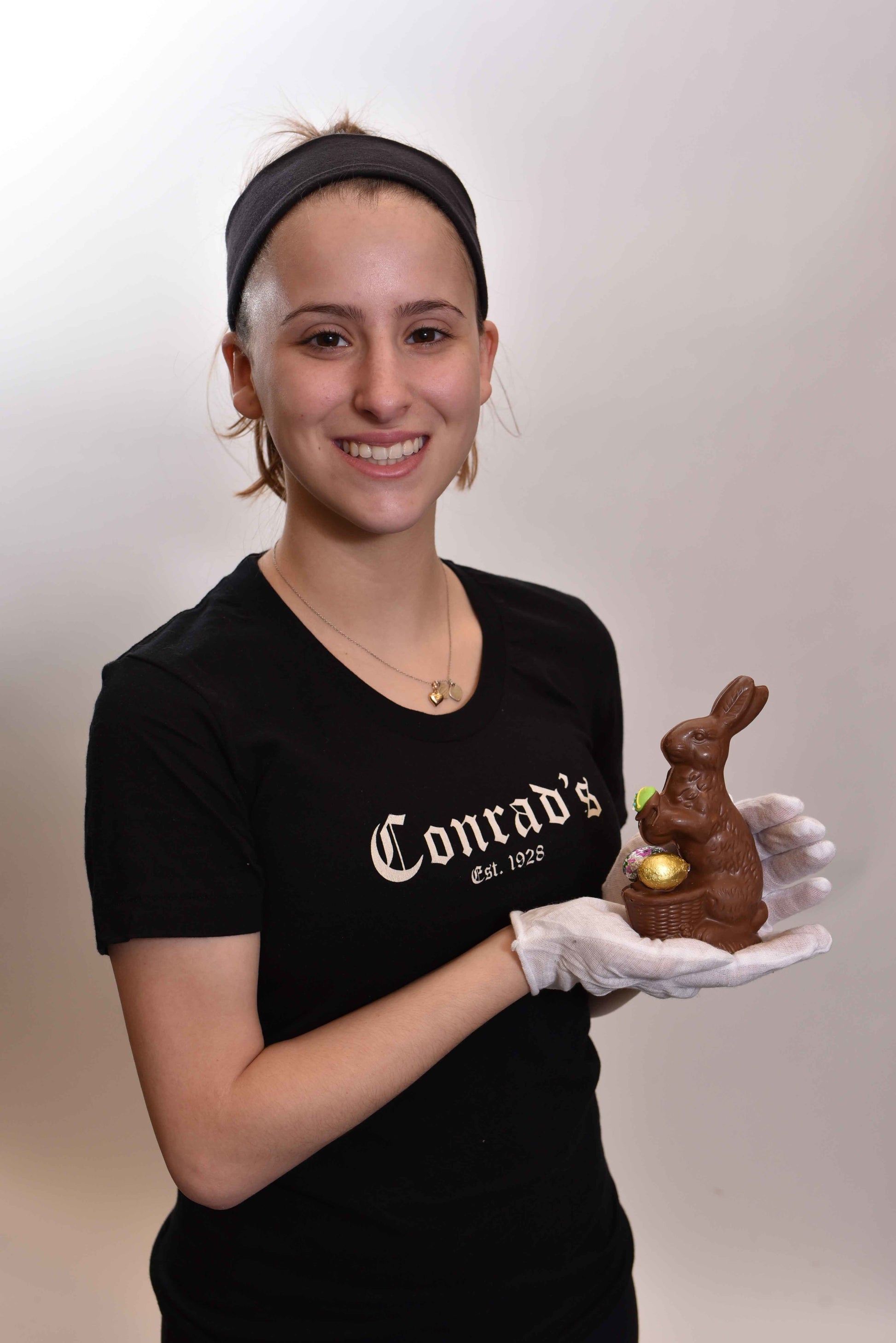 Milk Chocolate Easter Bunny # 5 - "Sm Sitter w/ Basket" - Conrad's Confectionery