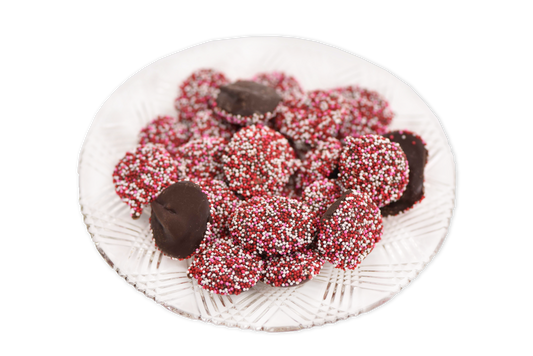 Dark Chocolate Valentine's Non Pareils (Half Pound Box) - Conrad's Confectionery