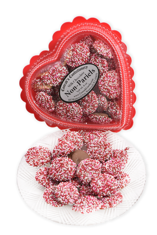 Valentine's Day Milk Chocolate Non-Pareils in Clear Plastic Heart Shaped Box (6oz) - Conrad's Confectionery