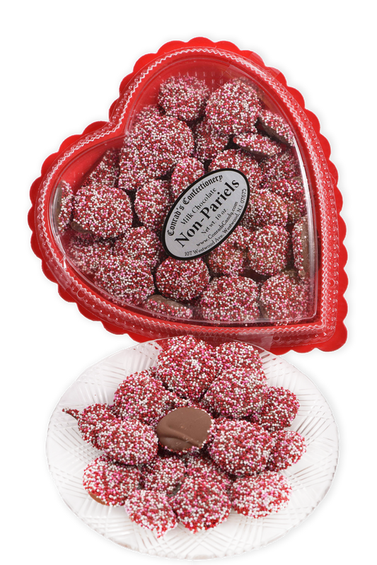 Valentine's Day Milk Chocolate Non-Pareils in Clear Plastic Heart Shaped Box (10oz) - Conrad's Confectionery