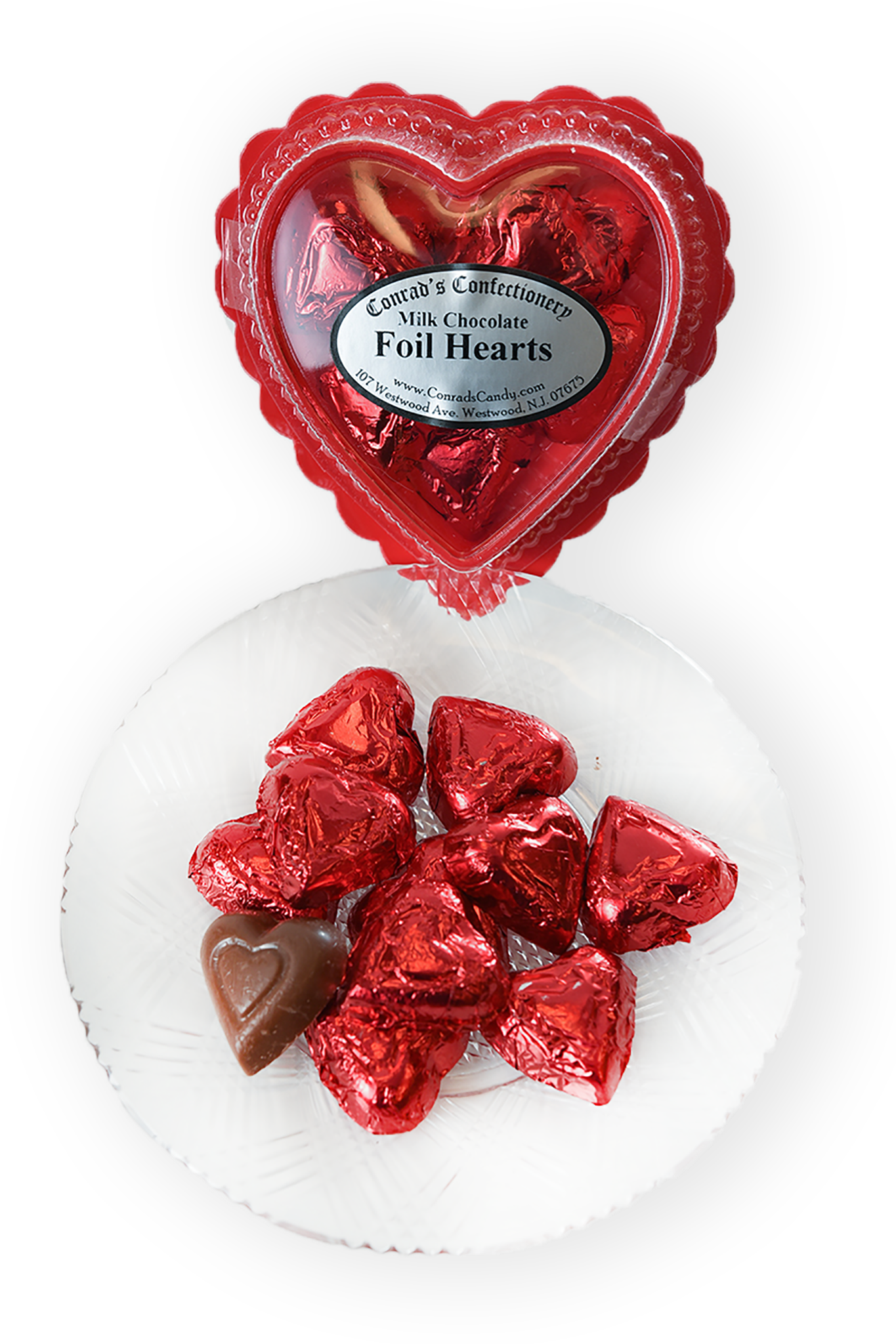 Valentine's Day Milk Chocolate Foil Wrapped Hearts in Clear Plastic Heart Shaped Box (2oz) - Conrad's Confectionery