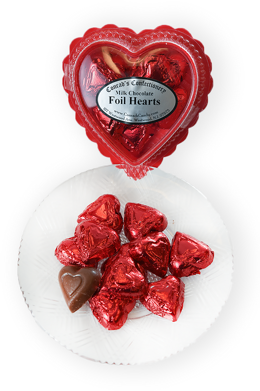 Valentine's Day Milk Chocolate Foil Wrapped Hearts in Clear Plastic Heart Shaped Box (2oz) - Conrad's Confectionery