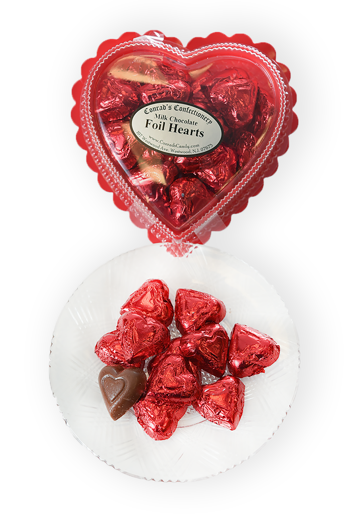 Valentine's Day Milk Chocolate Foil Wrapped Hearts in Clear Plastic Heart Shaped Box (6oz) - Conrad's Confectionery