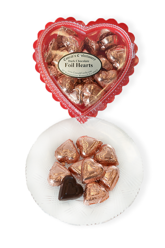 Valentine's Day Dark Chocolate Foil Wrapped Hearts in Clear Plastic Heart Shaped Box (6oz) - Conrad's Confectionery