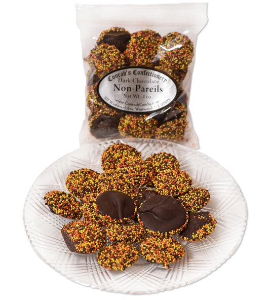 Dark Chocolate Fall Non-Pareils (4 oz) - Conrad's Confectionery